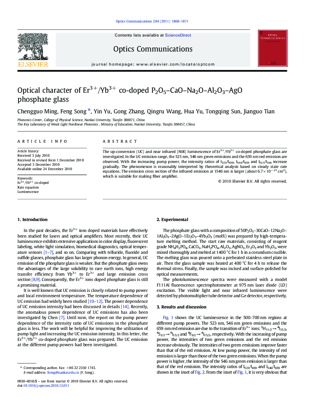 Optical character of Er3+/Yb3+ co-doped P2O5-CaO-Na2O-Al2O3-AgO phosphate glass