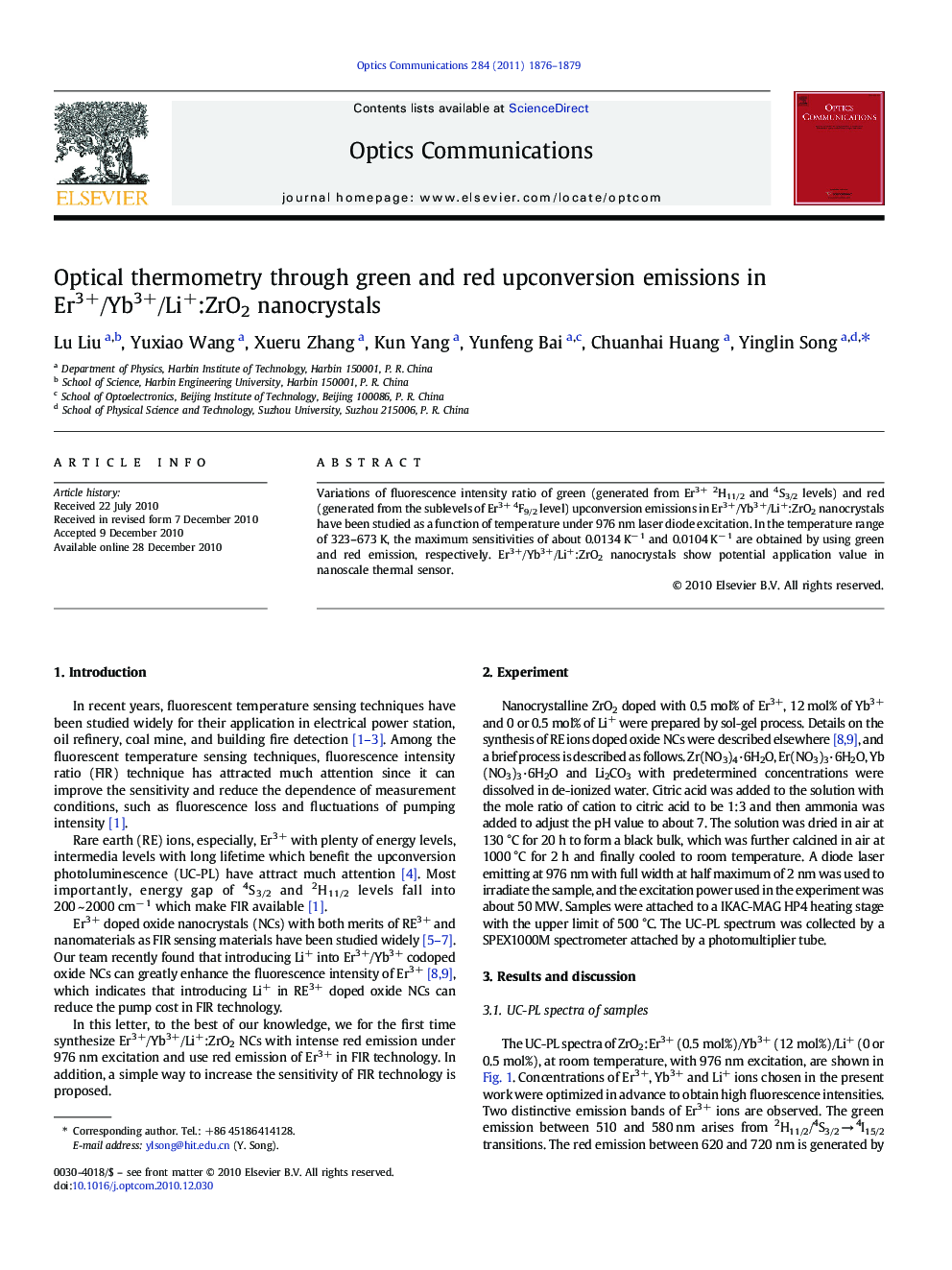 عکس صفحه اول مقاله: Optical thermometry through green and red upconversion emissions in Er3+/Yb3+/Li+:ZrO2 nanocrystals Optical thermometry through green and red upconversion emissions in Er3+/Yb3+/Li+:ZrO2 nanocrystals