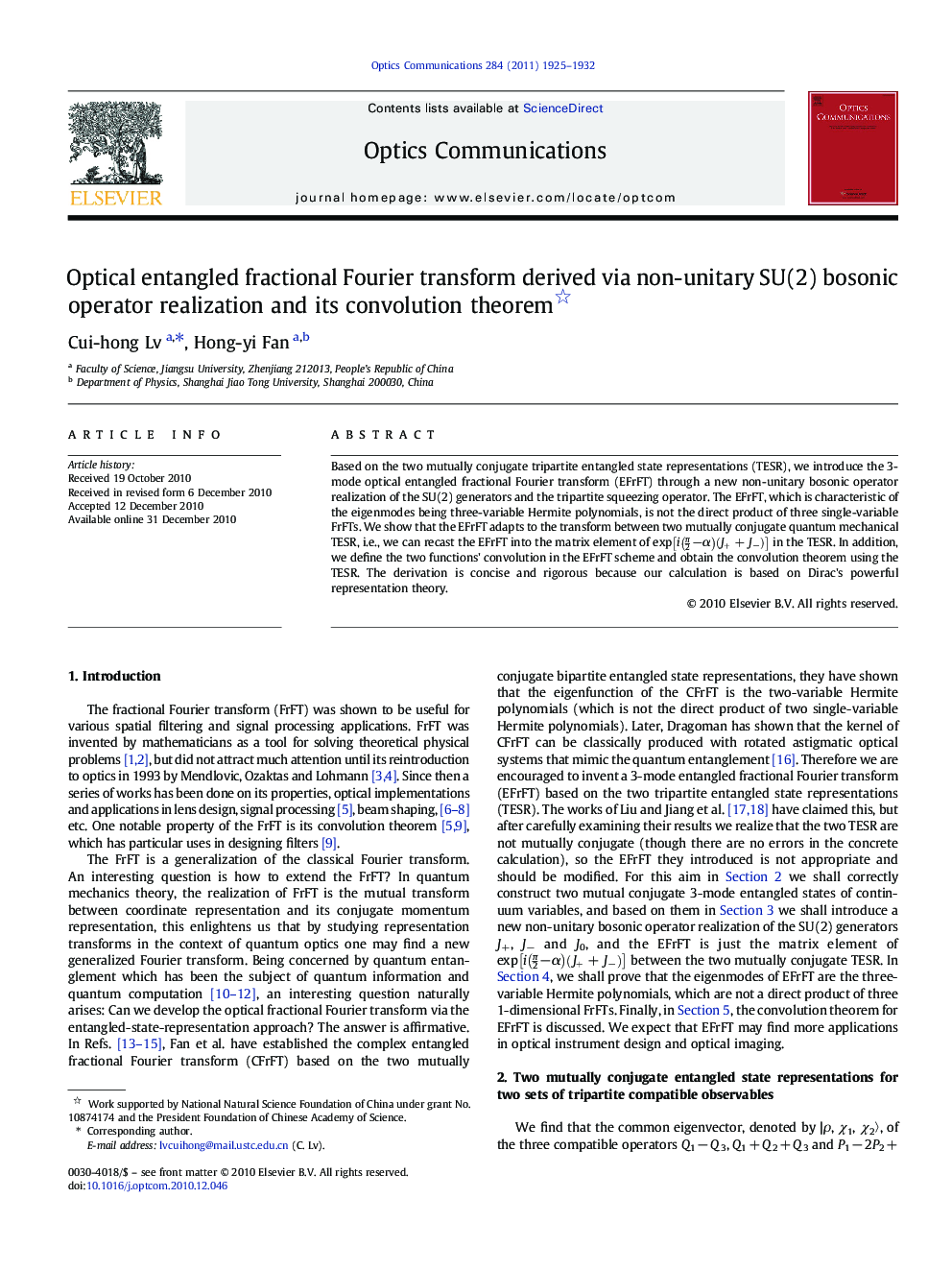 عکس صفحه اول مقاله: Optical entangled fractional Fourier transform derived via non-unitary SU(2) bosonic operator realization and its convolution theorem Optical entangled fractional Fourier transform derived via non-unitary SU(2) bosonic operator realization and its convolution theorem