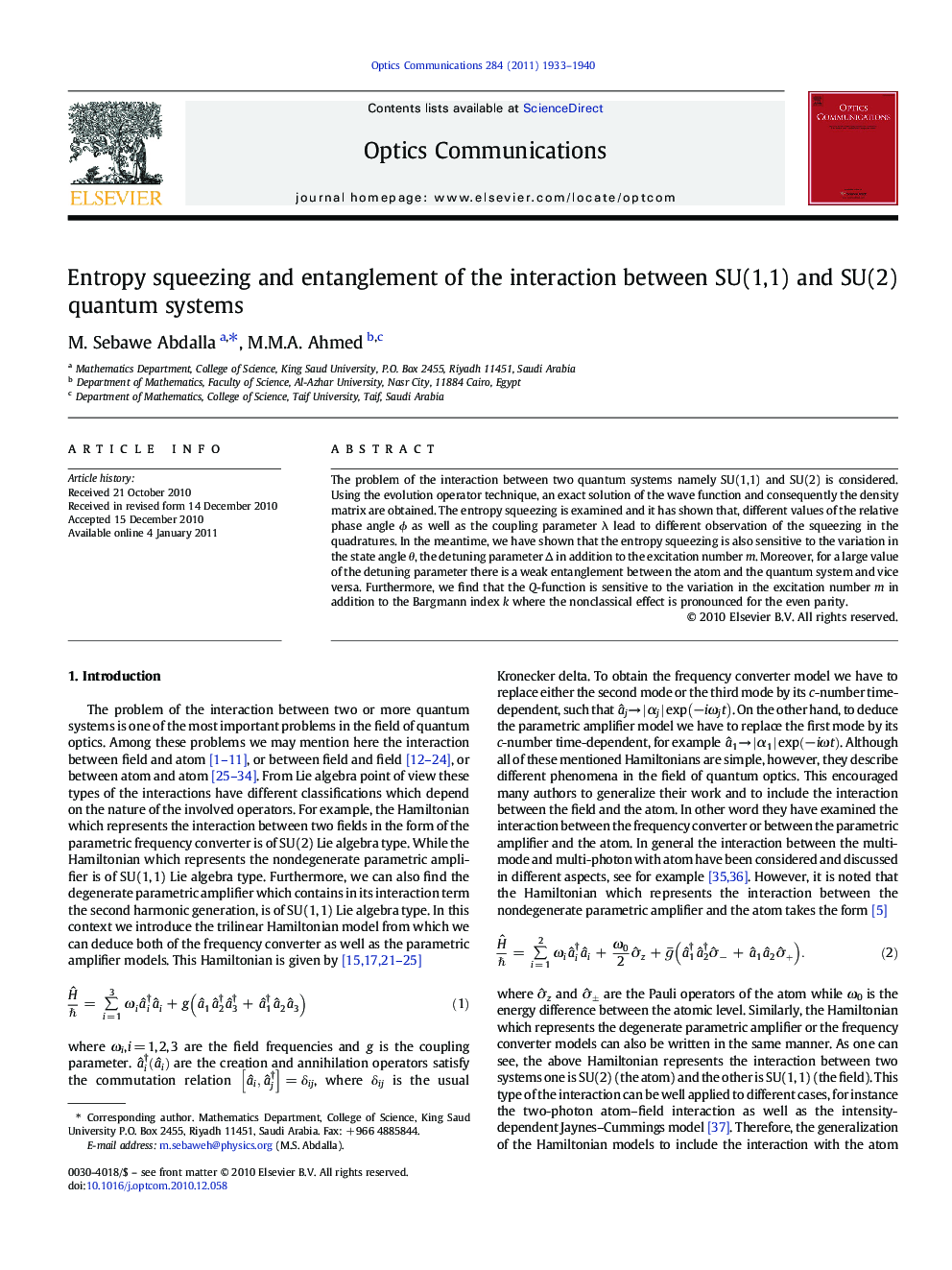 عکس صفحه اول مقاله: Entropy squeezing and entanglement of the interaction between SU(1,1) and SU(2) quantum systems Entropy squeezing and entanglement of the interaction between SU(1,1) and SU(2) quantum systems
