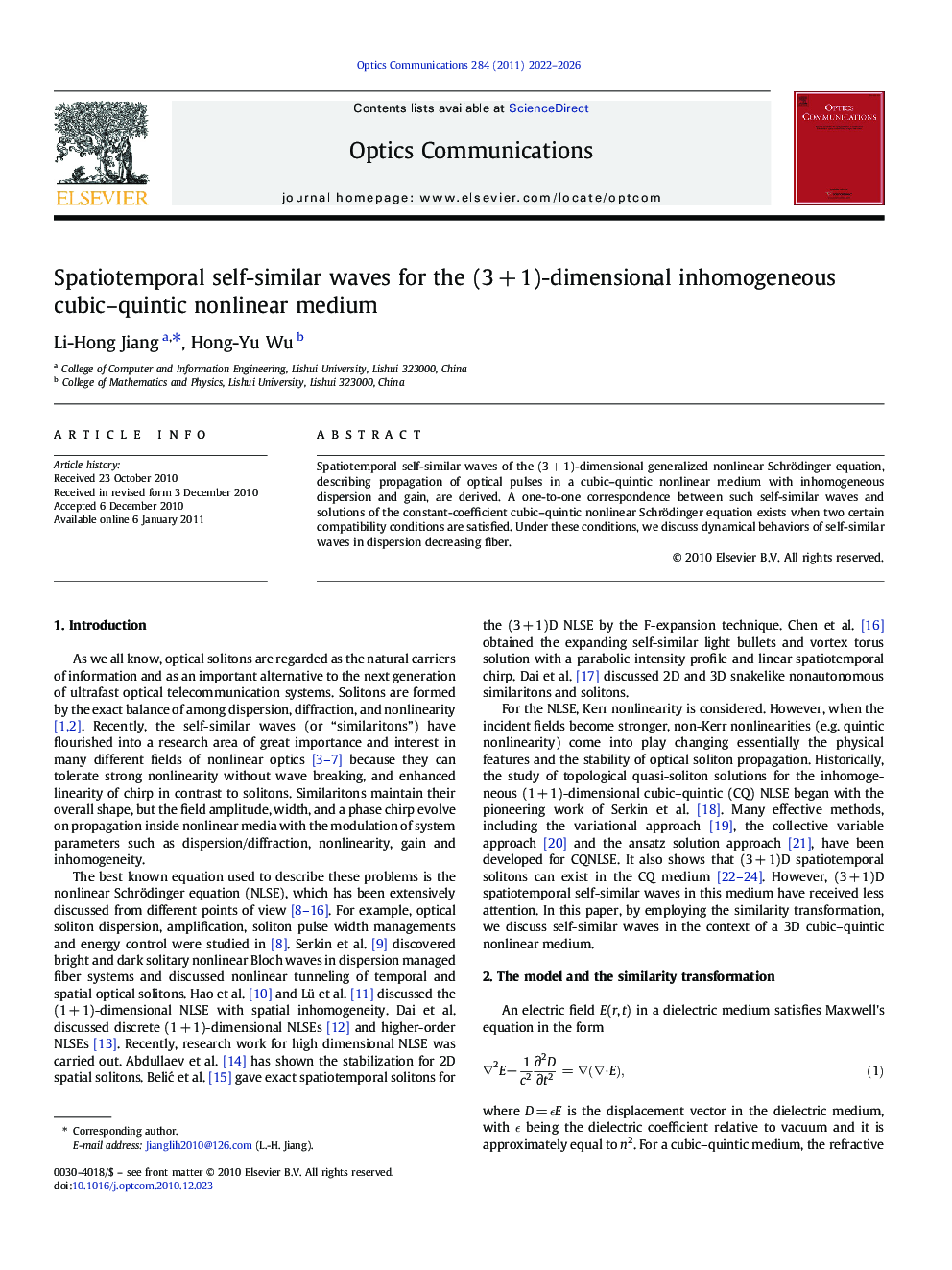 عکس صفحه اول مقاله: Spatiotemporal self-similar waves for the (3Â +Â 1)-dimensional inhomogeneous cubic-quintic nonlinear medium Spatiotemporal self-similar waves for the (3Â +Â 1)-dimensional inhomogeneous cubic-quintic nonlinear medium