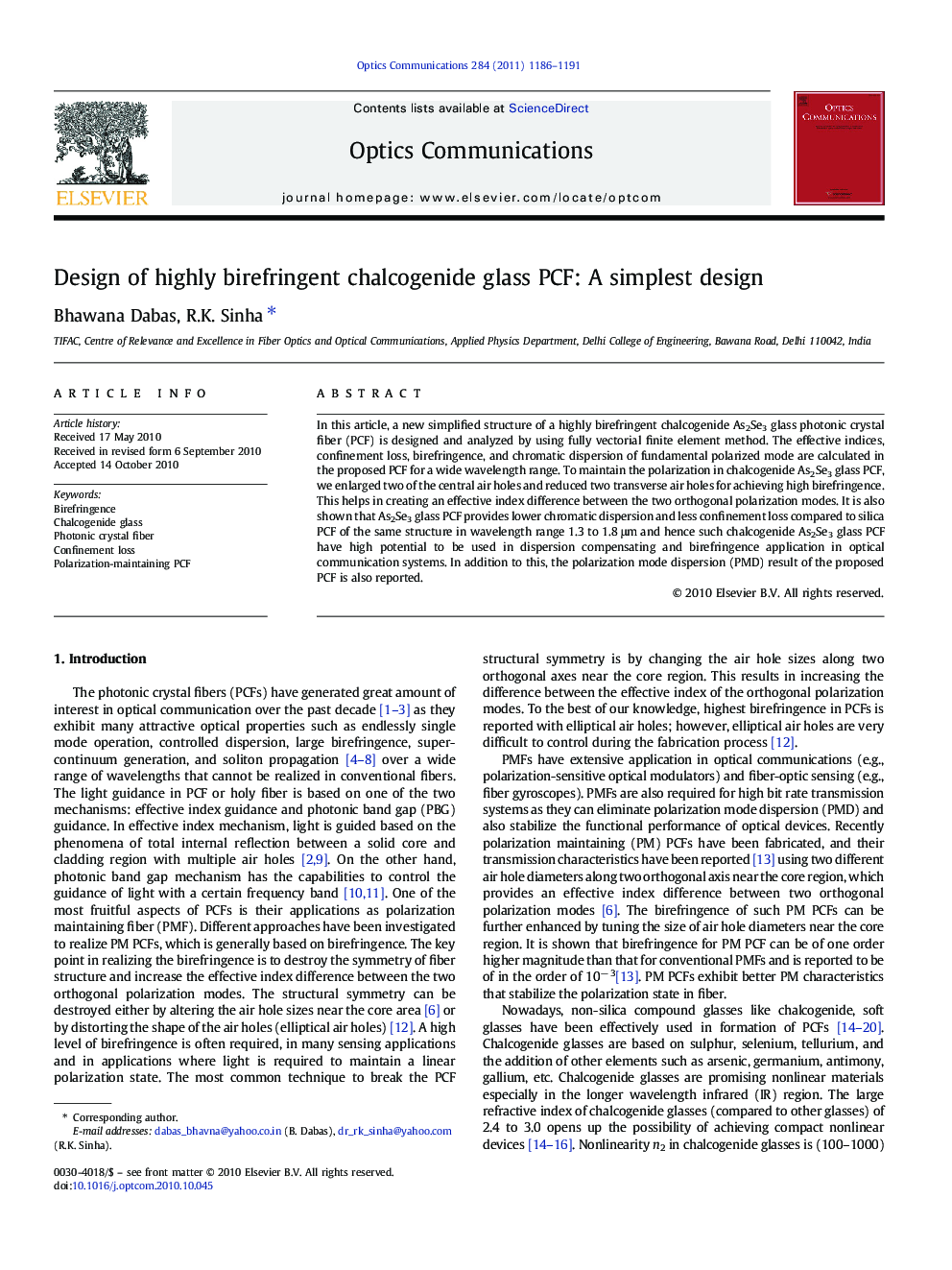 Design of highly birefringent chalcogenide glass PCF: A simplest design