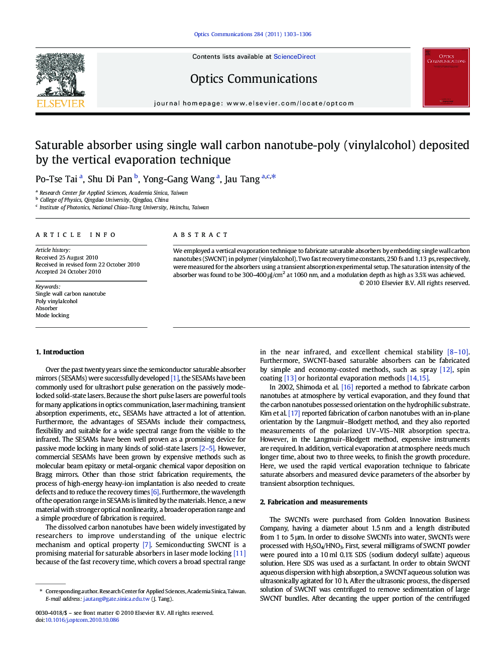 Saturable absorber using single wall carbon nanotube-poly (vinylalcohol) deposited by the vertical evaporation technique