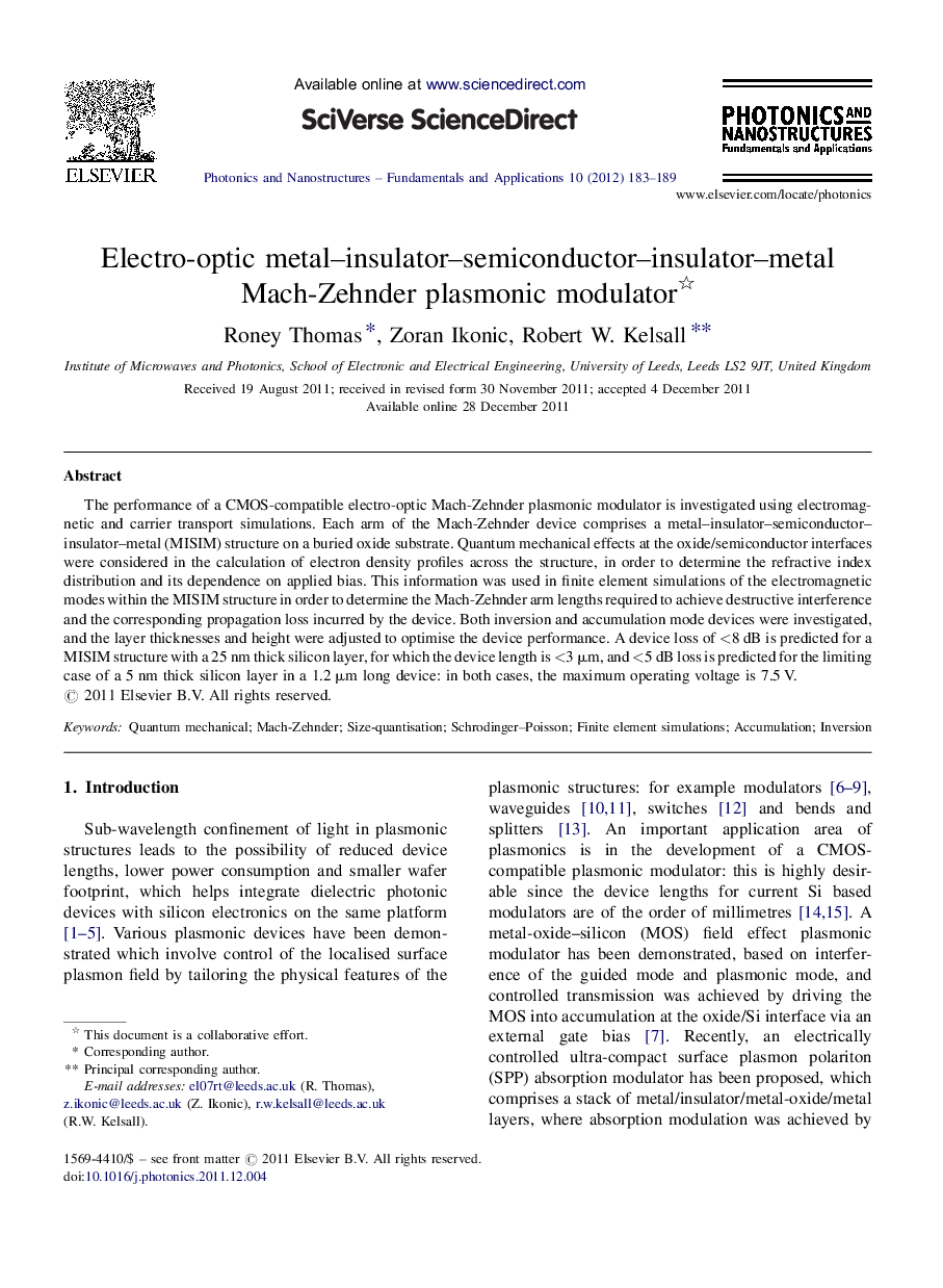 Electro-optic metal-insulator-semiconductor-insulator-metal Mach-Zehnder plasmonic modulator