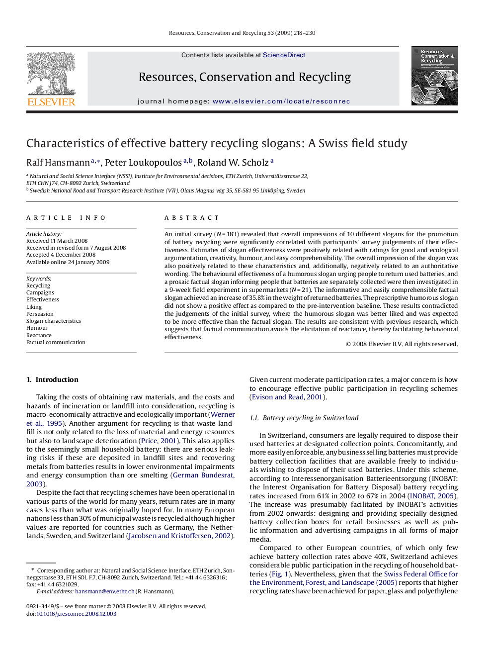 Characteristics of effective battery recycling slogans: A Swiss field study