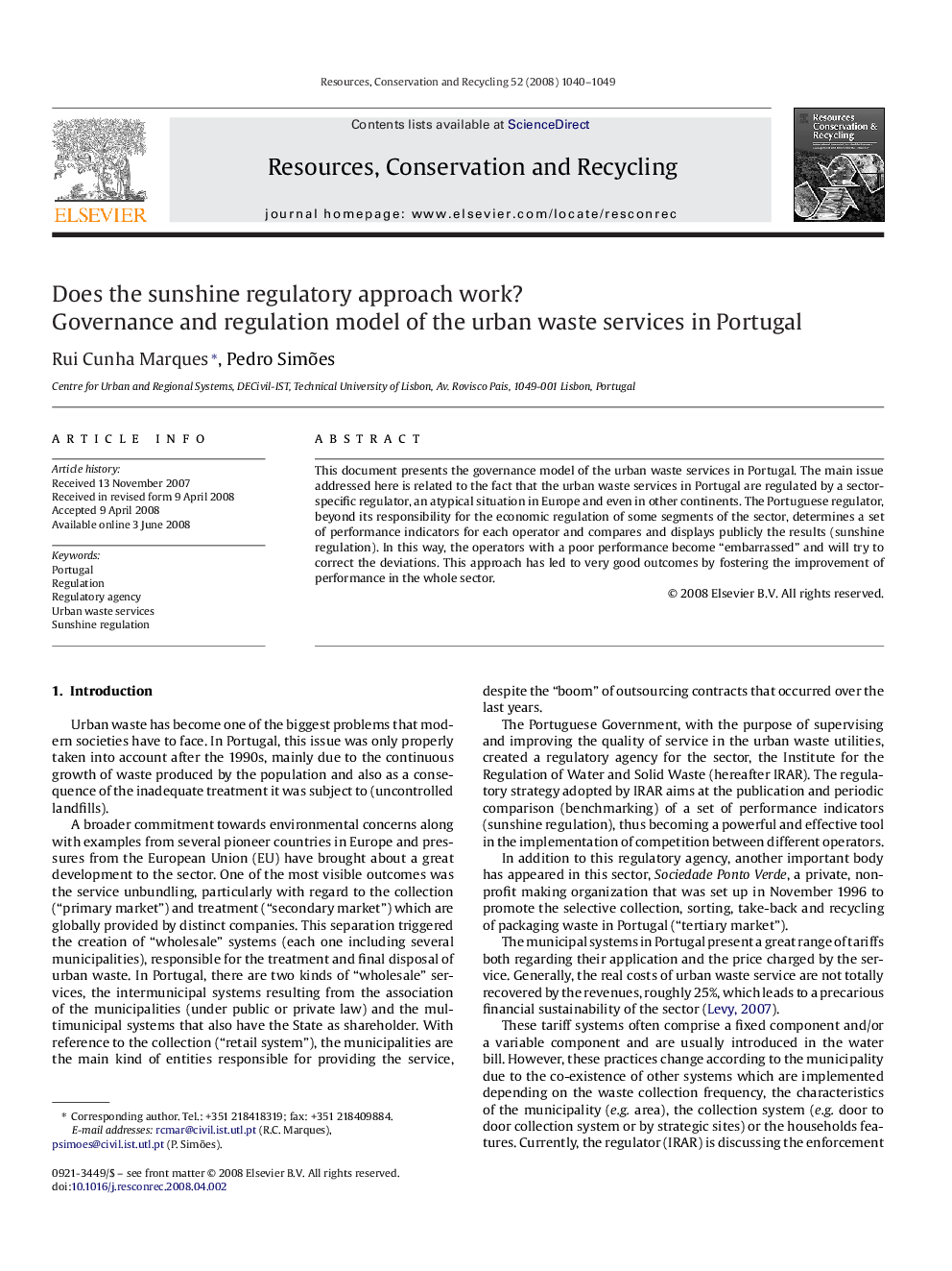 Does the sunshine regulatory approach work?: Governance and regulation model of the urban waste services in Portugal