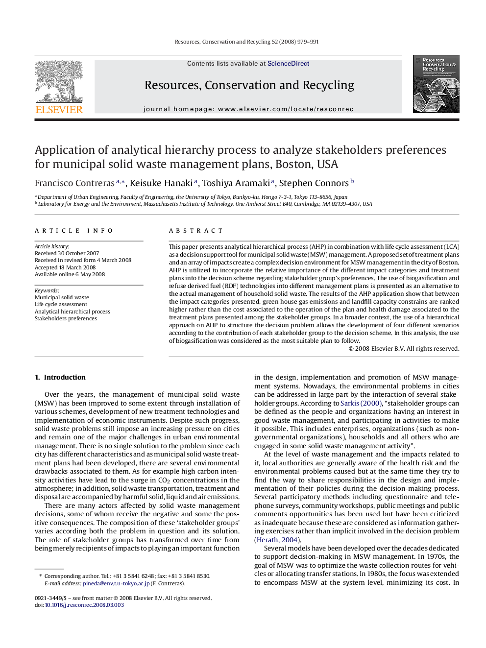 Application of analytical hierarchy process to analyze stakeholders preferences for municipal solid waste management plans, Boston, USA