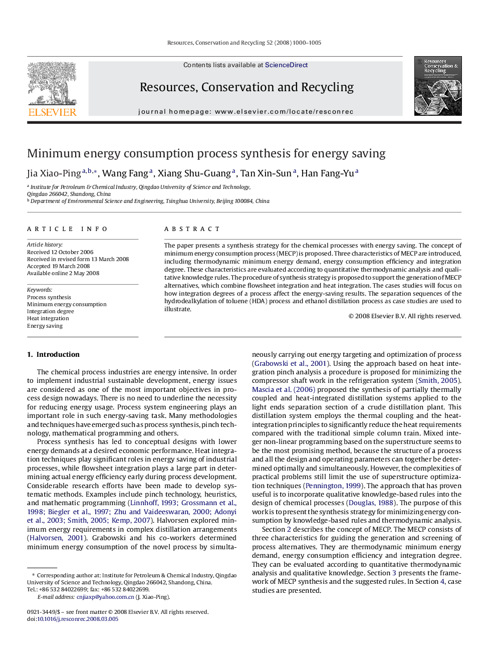 Minimum energy consumption process synthesis for energy saving