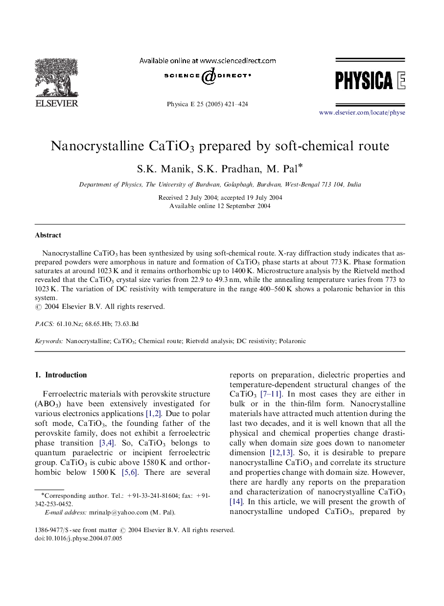 Nanocrystalline CaTiO3 prepared by soft-chemical route