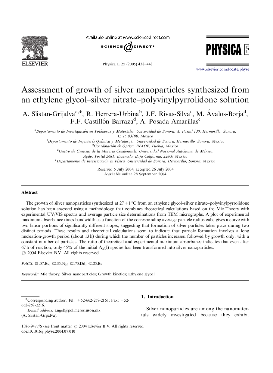 عکس صفحه اول مقاله: Assessment of growth of silver nanoparticles synthesized from an ethylene glycol-silver nitrate-polyvinylpyrrolidone solution Assessment of growth of silver nanoparticles synthesized from an ethylene glycol-silver nitrate-polyvinylpyrrolidone solution