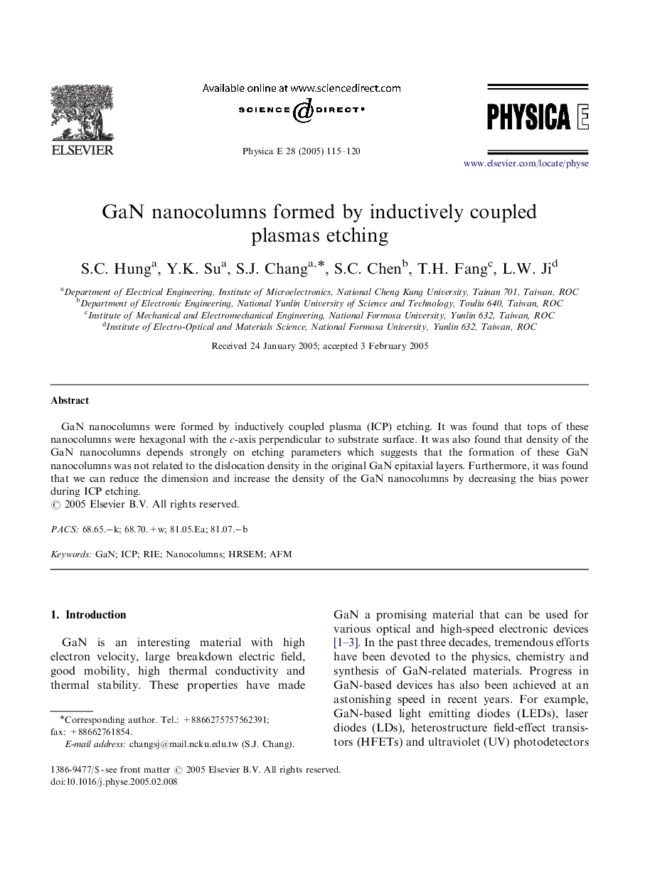 GaN nanocolumns formed by inductively coupled plasmas etching