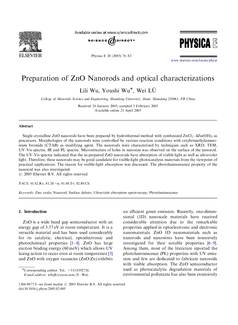 Preparation of ZnO Nanorods and optical characterizations