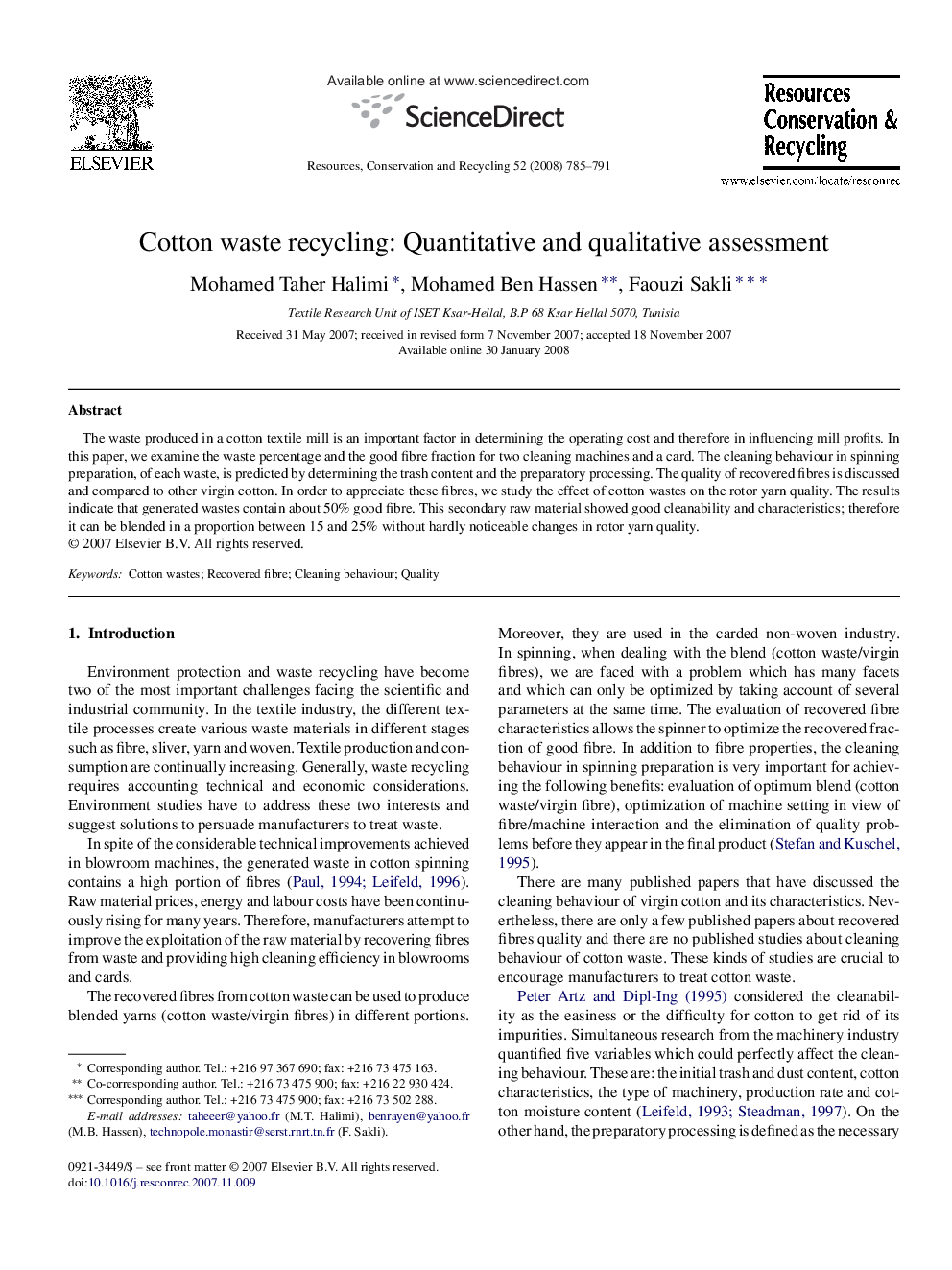 عکس صفحه اول مقاله: Cotton waste recycling: Quantitative and qualitative assessment Cotton waste recycling: Quantitative and qualitative assessment