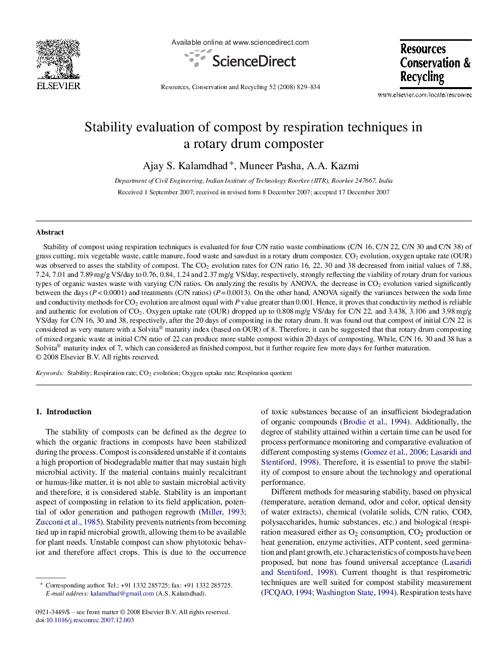Stability evaluation of compost by respiration techniques in a rotary drum composter