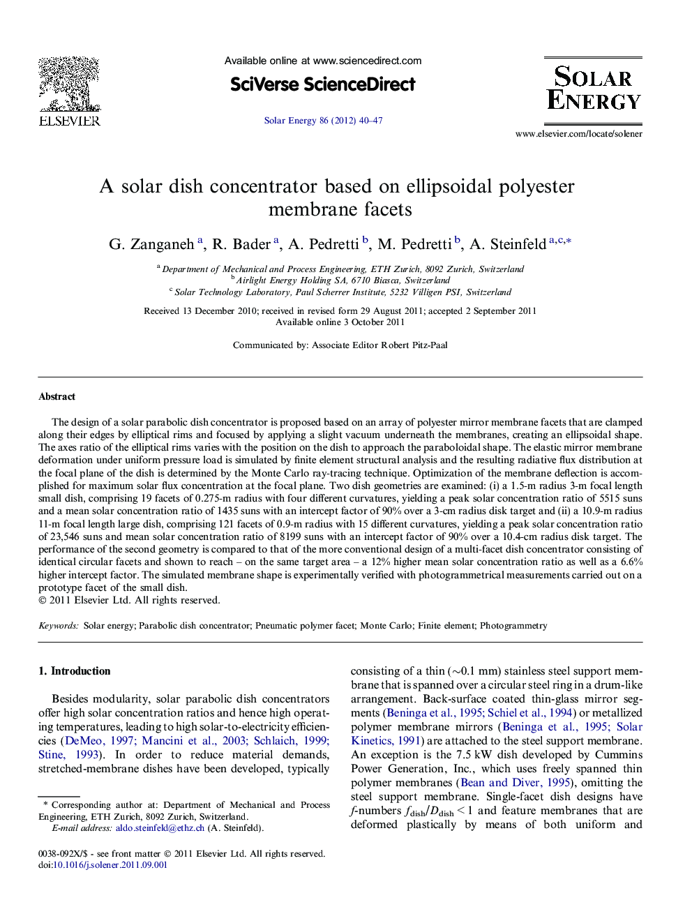 A solar dish concentrator based on ellipsoidal polyester membrane facets