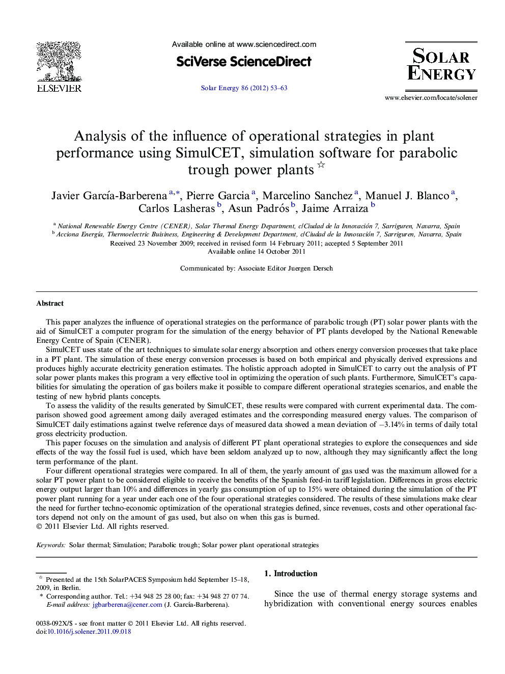 Analysis of the influence of operational strategies in plant performance using SimulCET, simulation software for parabolic trough power plants