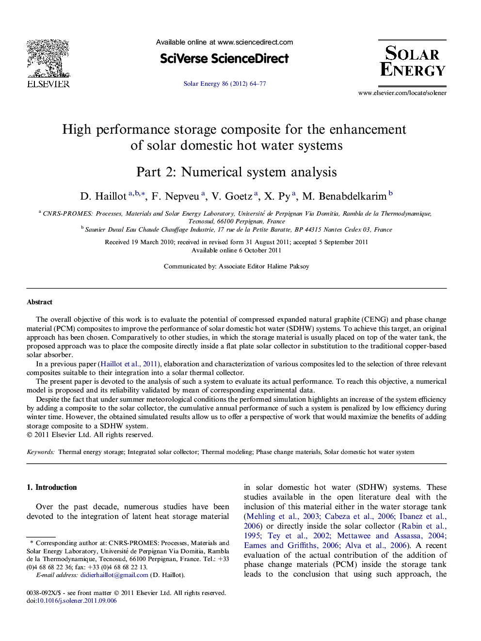 High performance storage composite for the enhancement of solar domestic hot water systems