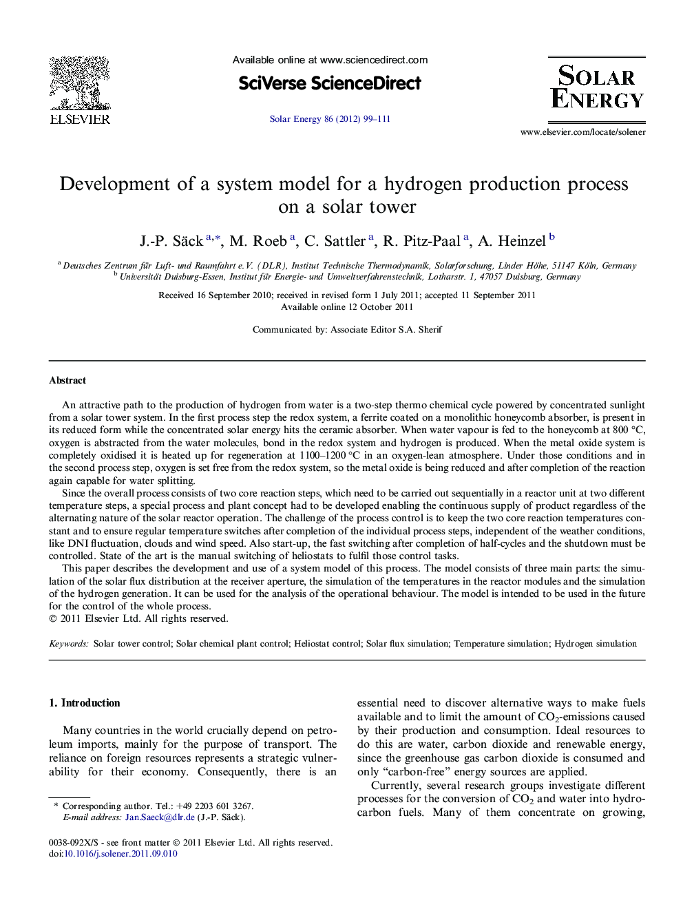 Development of a system model for a hydrogen production process on a solar tower