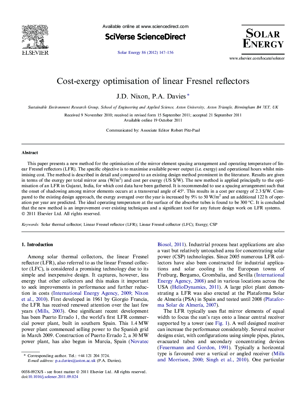 Cost-exergy optimisation of linear Fresnel reflectors