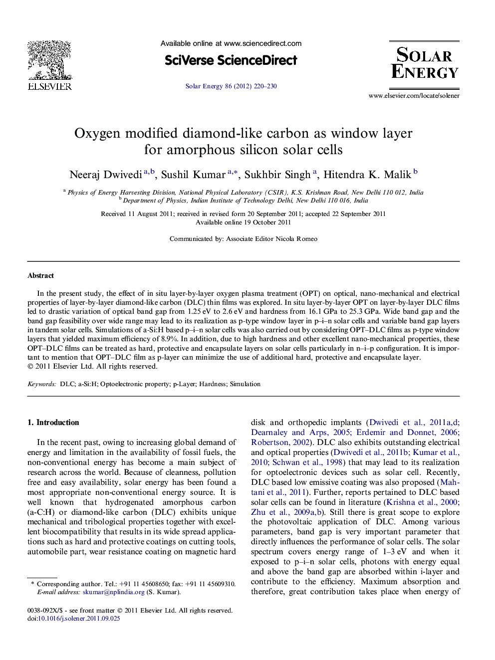 Oxygen modified diamond-like carbon as window layer for amorphous silicon solar cells