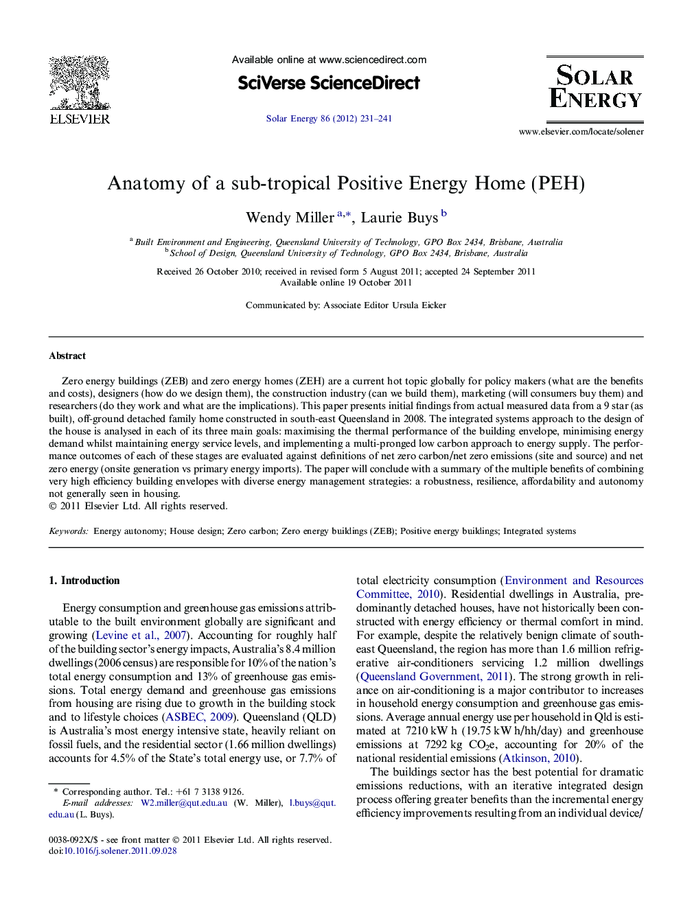 Anatomy of a sub-tropical Positive Energy Home (PEH)