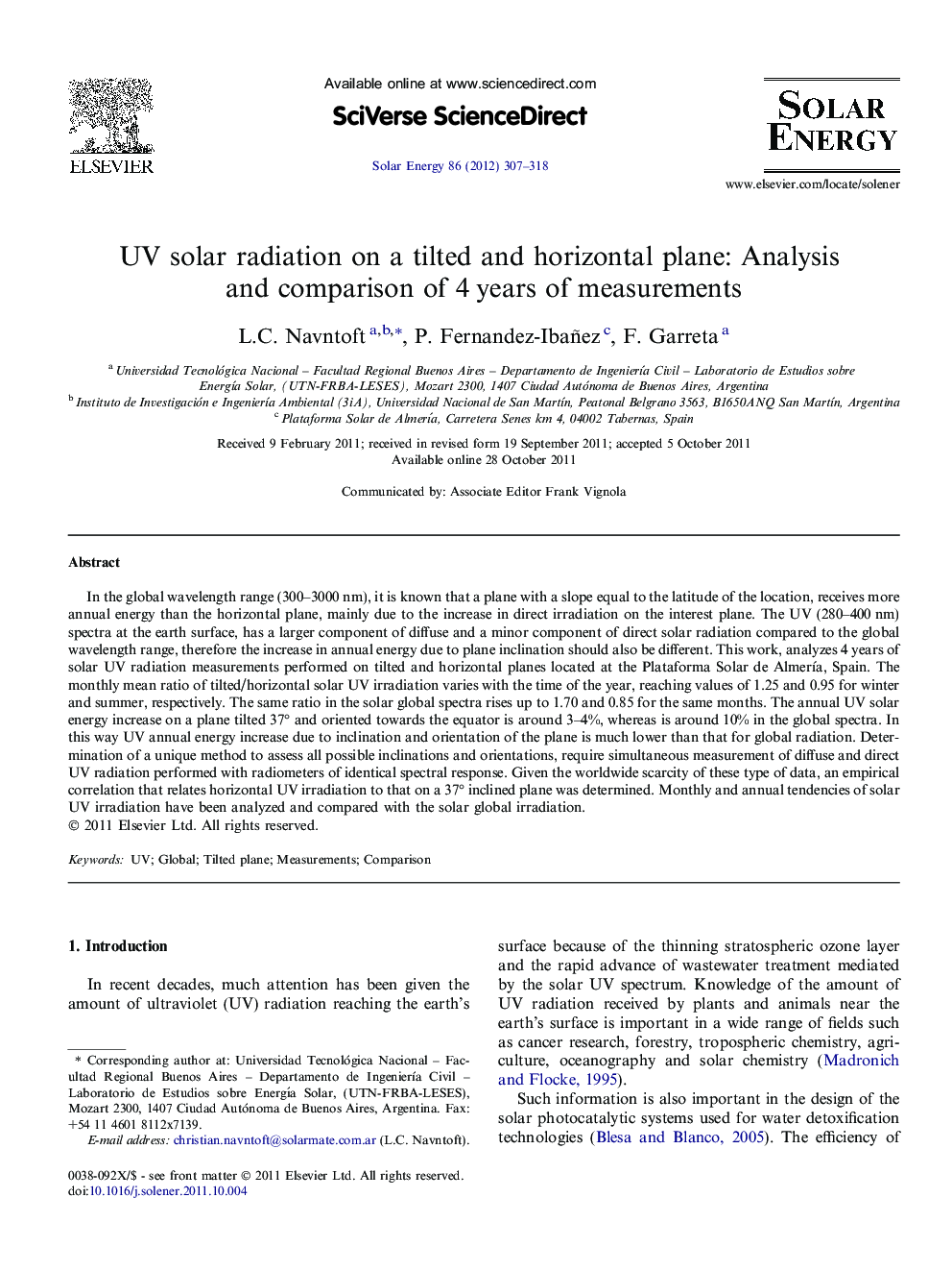 UV solar radiation on a tilted and horizontal plane: Analysis and comparison of 4Â years of measurements