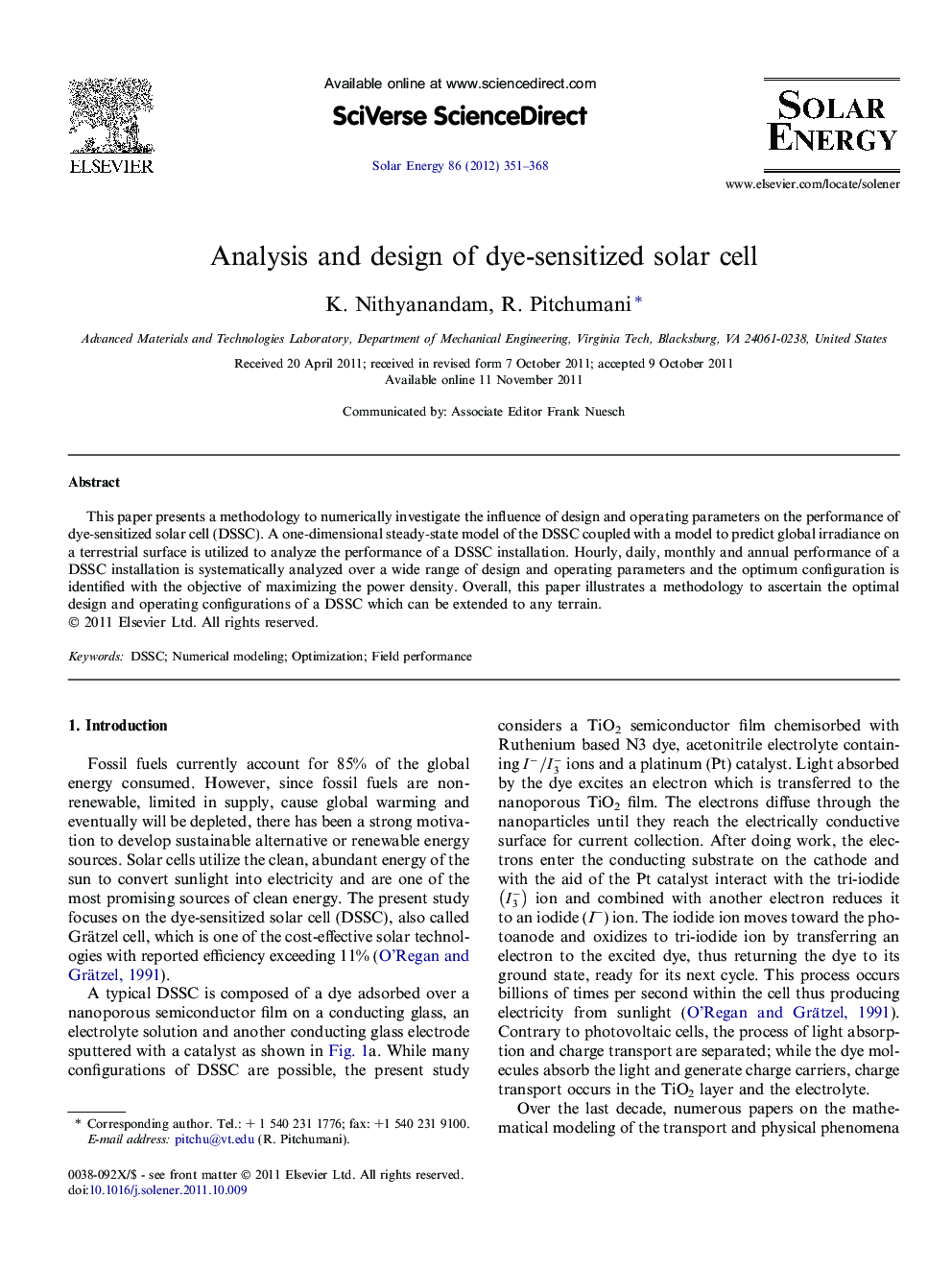 Analysis and design of dye-sensitized solar cell