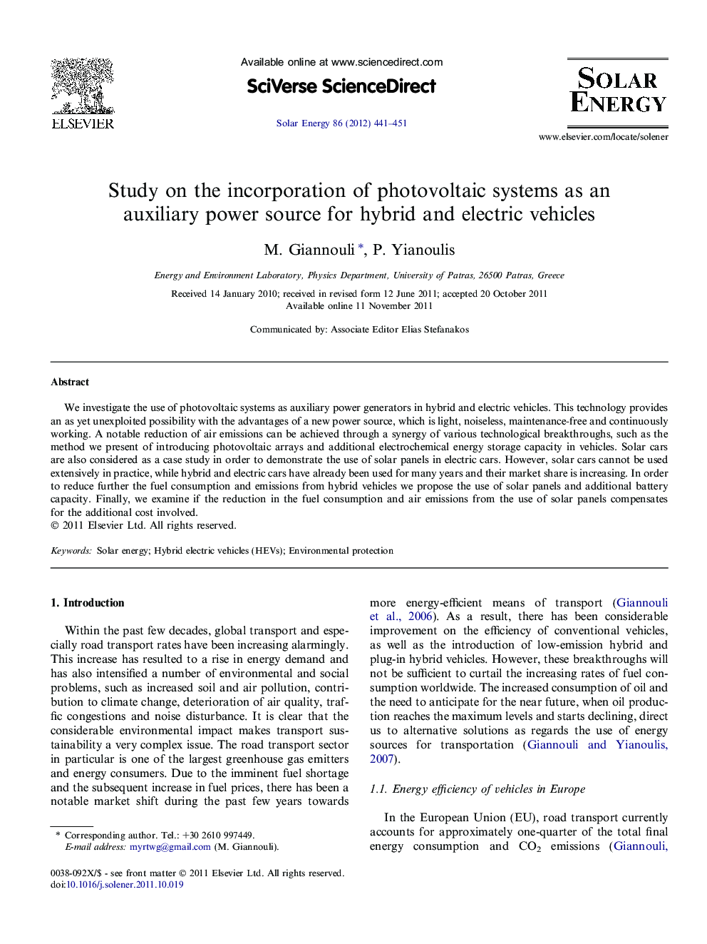 Study on the incorporation of photovoltaic systems as an auxiliary power source for hybrid and electric vehicles