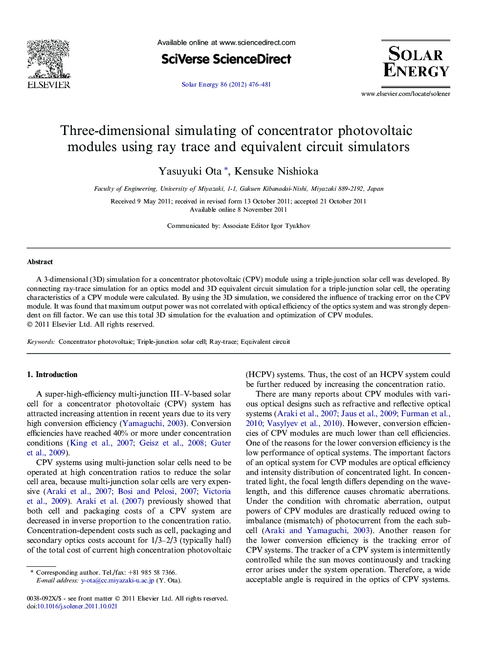 عکس صفحه اول مقاله: Three-dimensional simulating of concentrator photovoltaic modules using ray trace and equivalent circuit simulators Three-dimensional simulating of concentrator photovoltaic modules using ray trace and equivalent circuit simulators