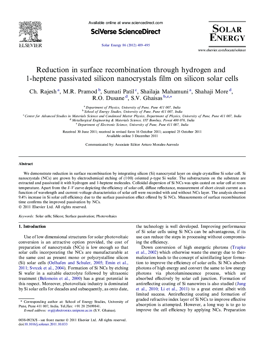 Reduction in surface recombination through hydrogen and 1-heptene passivated silicon nanocrystals film on silicon solar cells