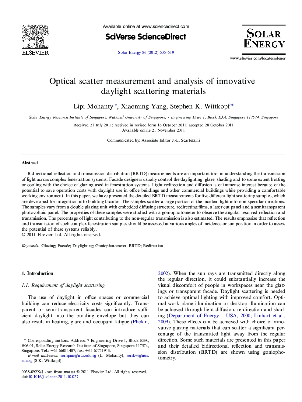 Optical scatter measurement and analysis of innovative daylight scattering materials