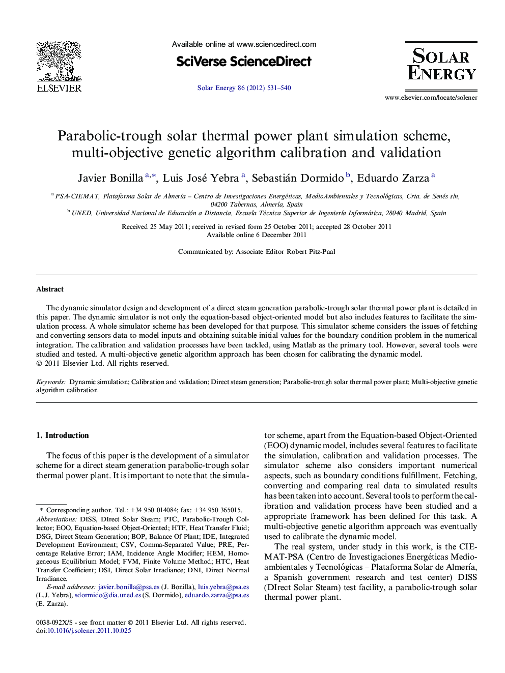 عکس صفحه اول مقاله: Parabolic-trough solar thermal power plant simulation scheme, multi-objective genetic algorithm calibration and validation Parabolic-trough solar thermal power plant simulation scheme, multi-objective genetic algorithm calibration and validation