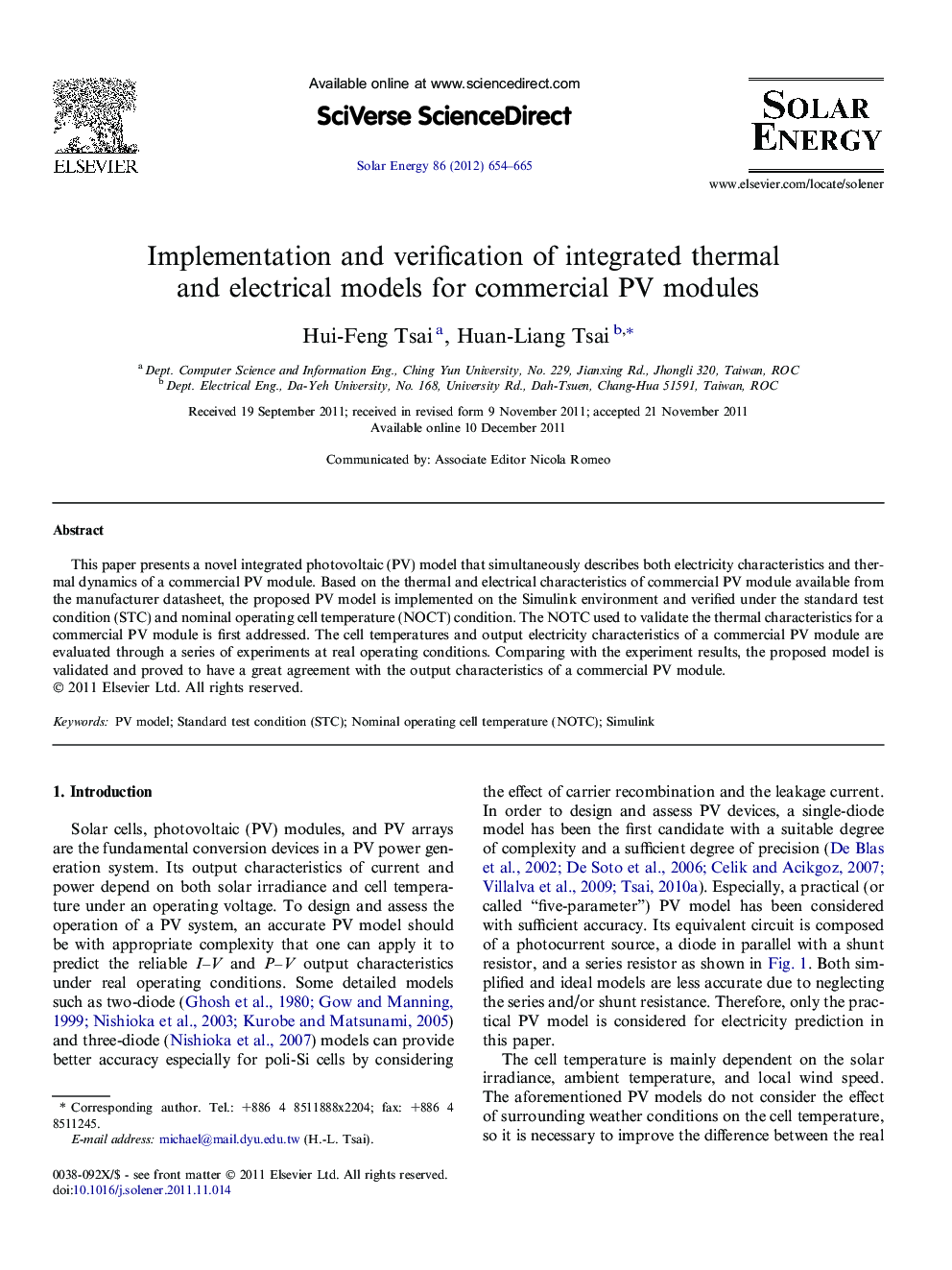 Implementation and verification of integrated thermal and electrical models for commercial PV modules