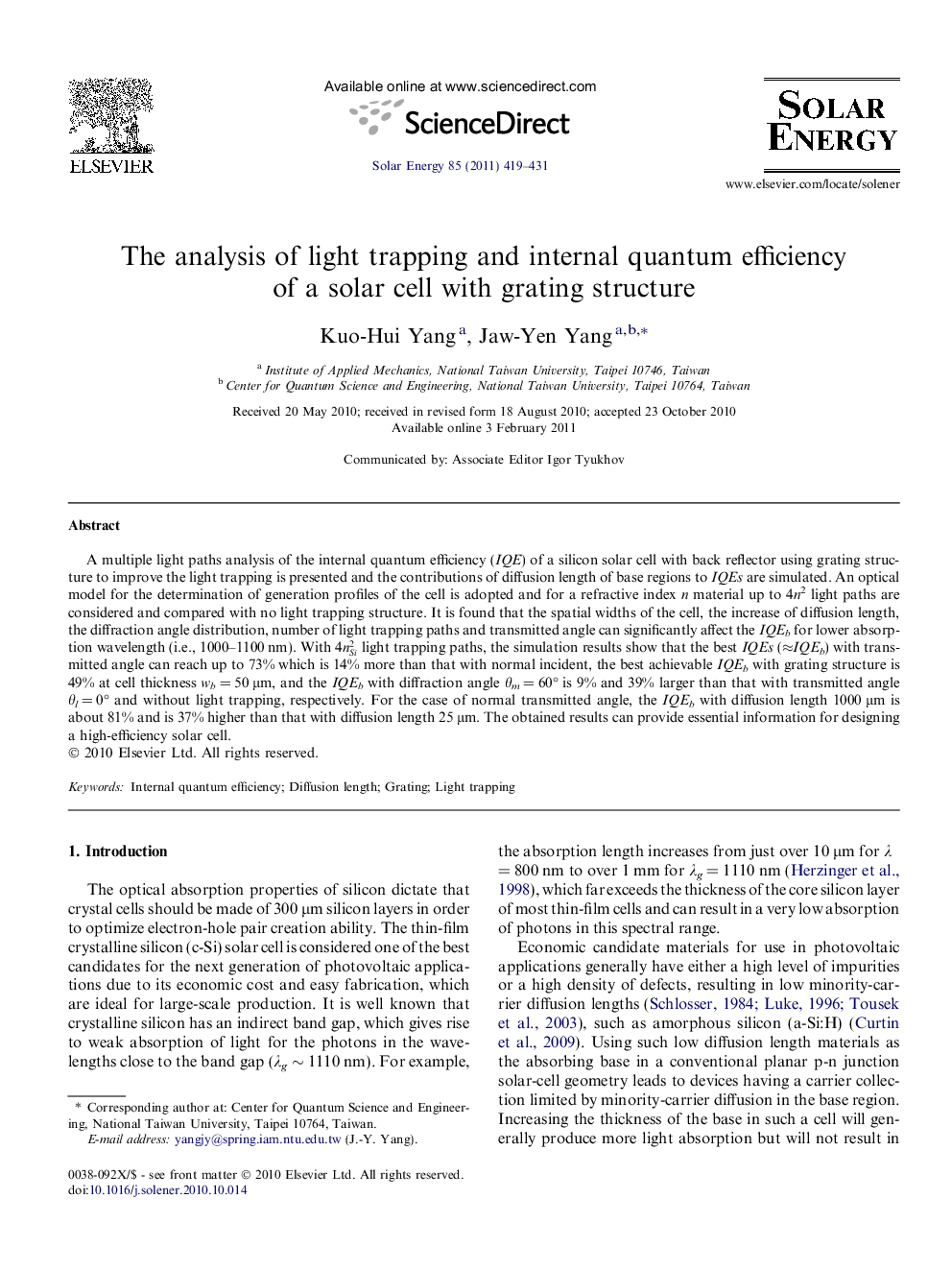 The analysis of light trapping and internal quantum efficiency of a solar cell with grating structure