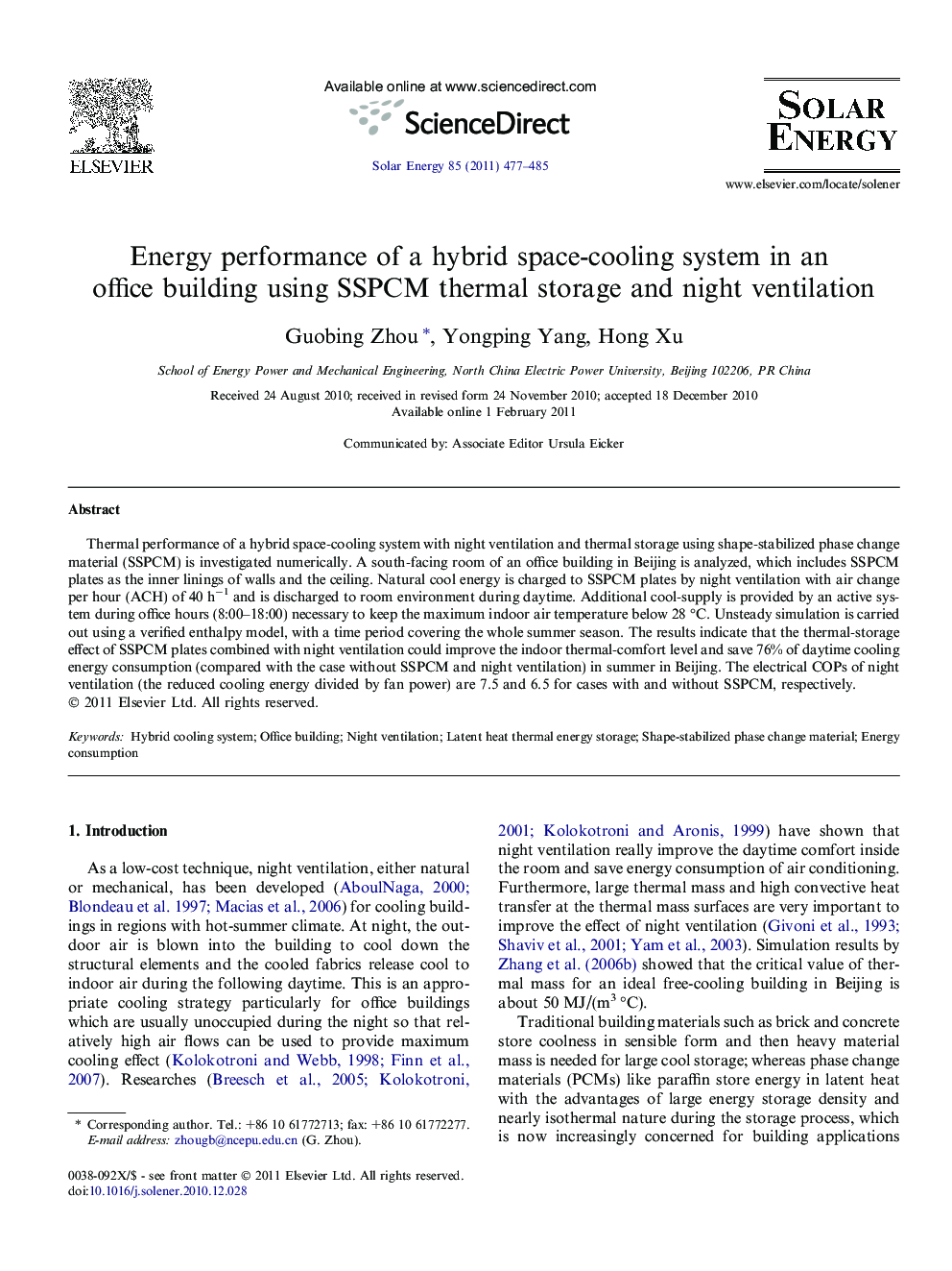 Energy performance of a hybrid space-cooling system in an office building using SSPCM thermal storage and night ventilation