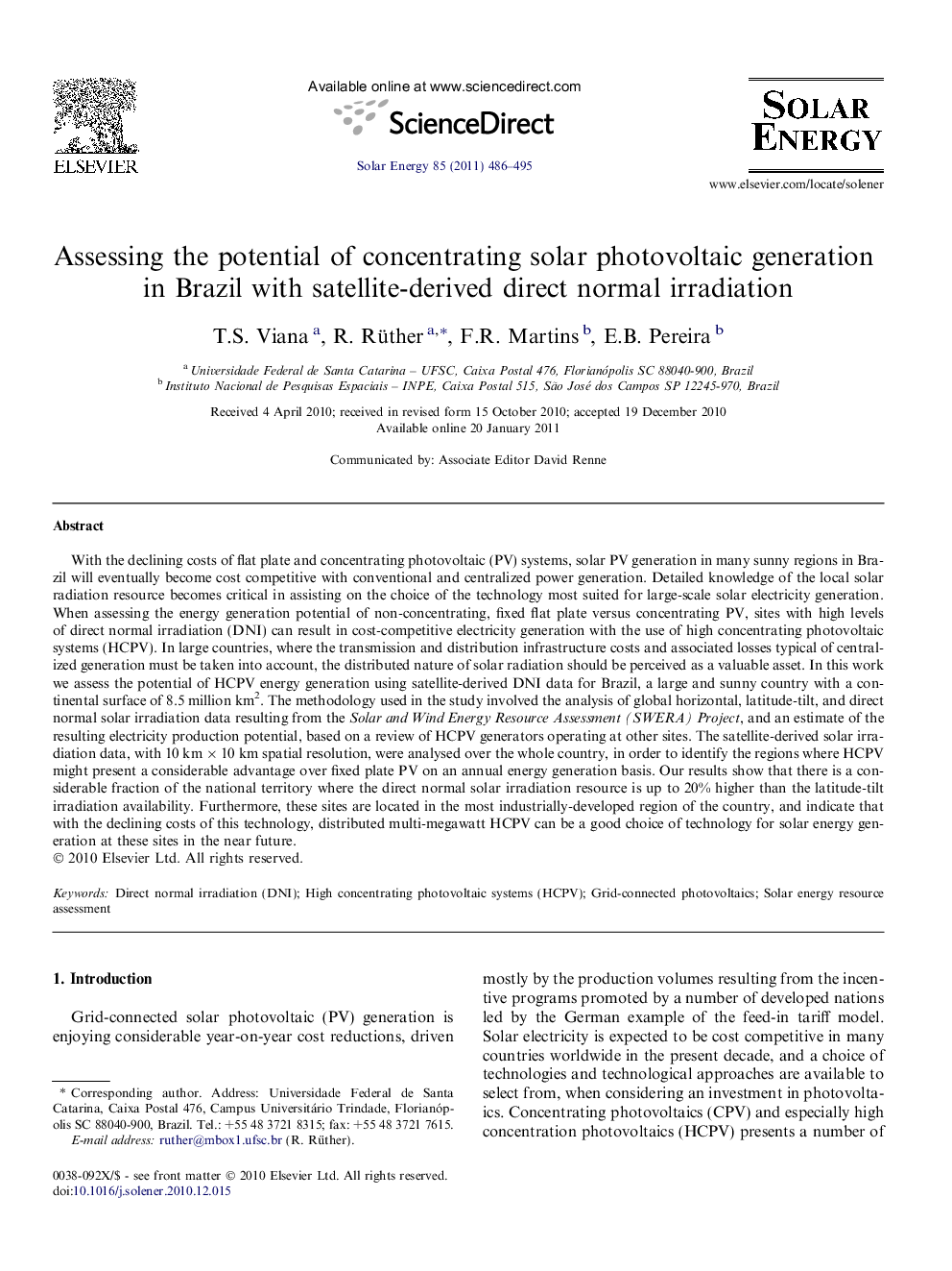 Assessing the potential of concentrating solar photovoltaic generation in Brazil with satellite-derived direct normal irradiation