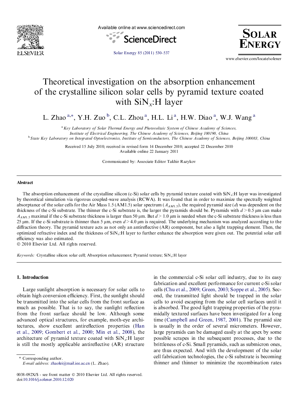 Theoretical investigation on the absorption enhancement of the crystalline silicon solar cells by pyramid texture coated with SiNx:H layer