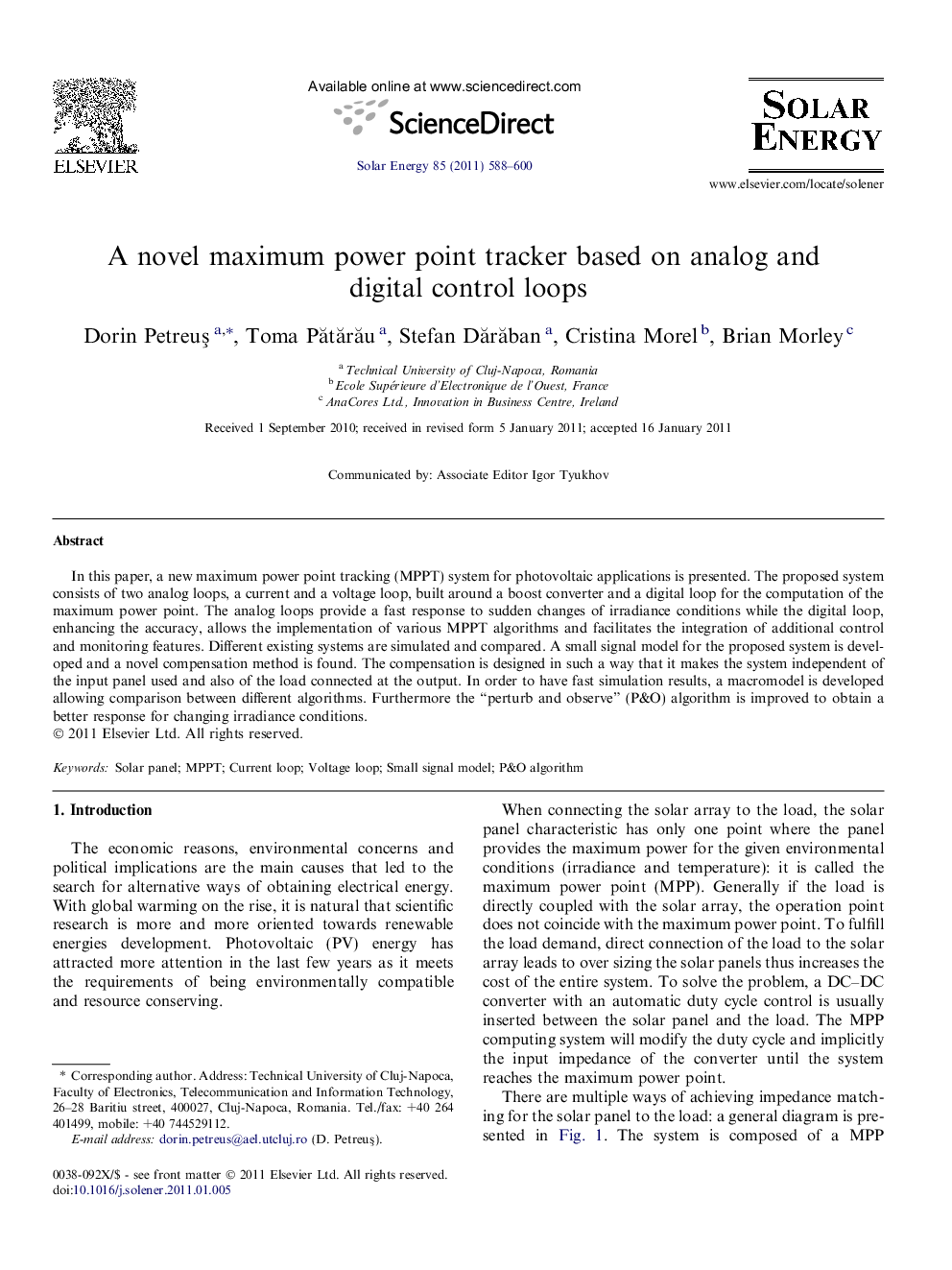 A novel maximum power point tracker based on analog and digital control loops