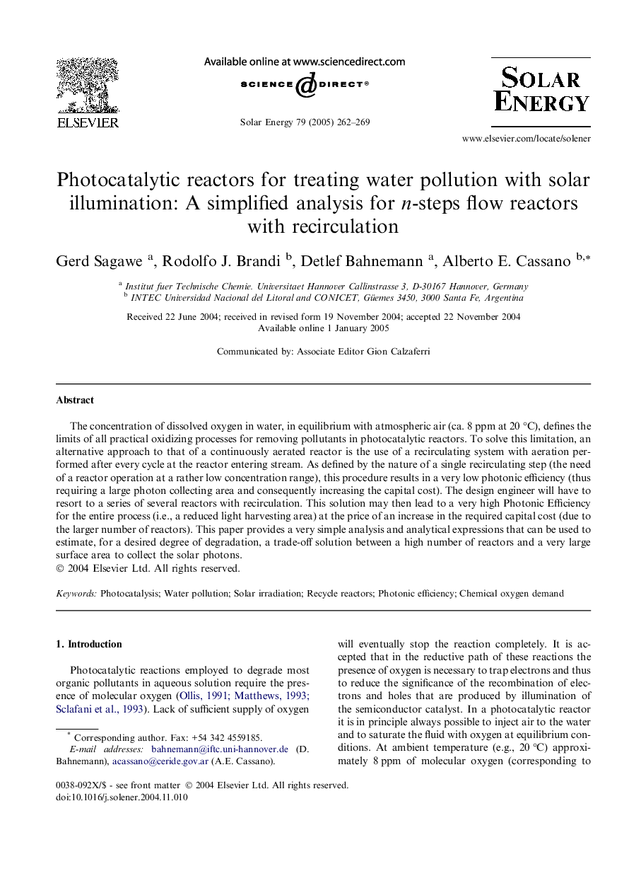 Photocatalytic reactors for treating water pollution with solar illumination: A simplified analysis for n-steps flow reactors with recirculation