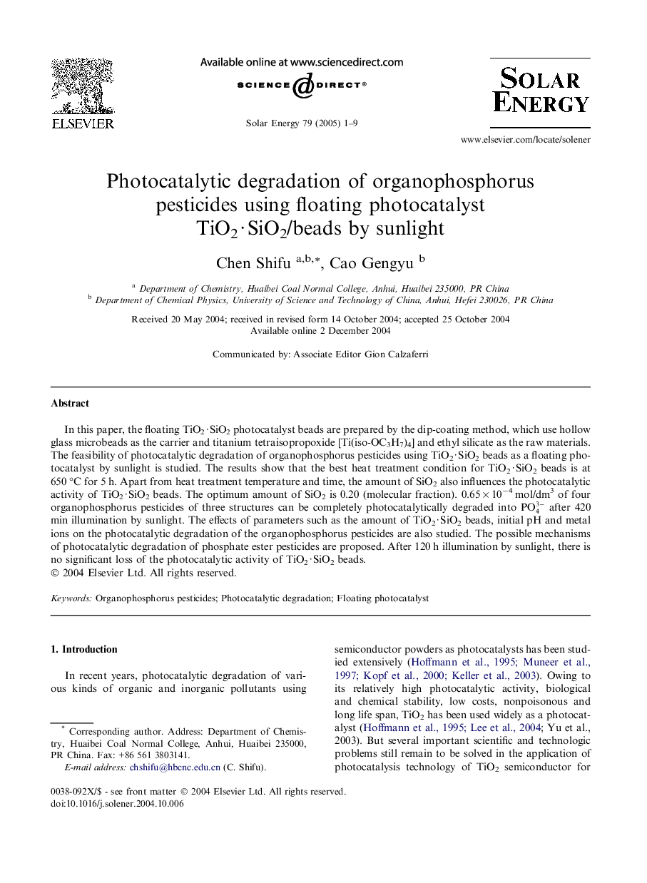 Photocatalytic degradation of organophosphorus pesticides using floating photocatalyst TiO2Â Â·Â SiO2/beads by sunlight