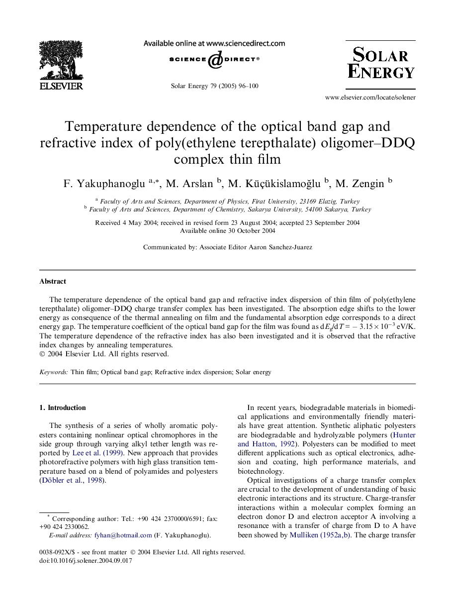 Temperature dependence of the optical band gap and refractive index of poly(ethylene terepthalate) oligomer-DDQ complex thin film