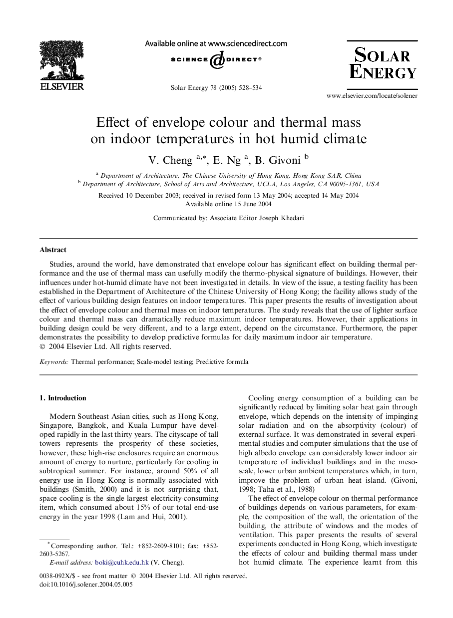 Effect of envelope colour and thermal mass on indoor temperatures in hot humid climate