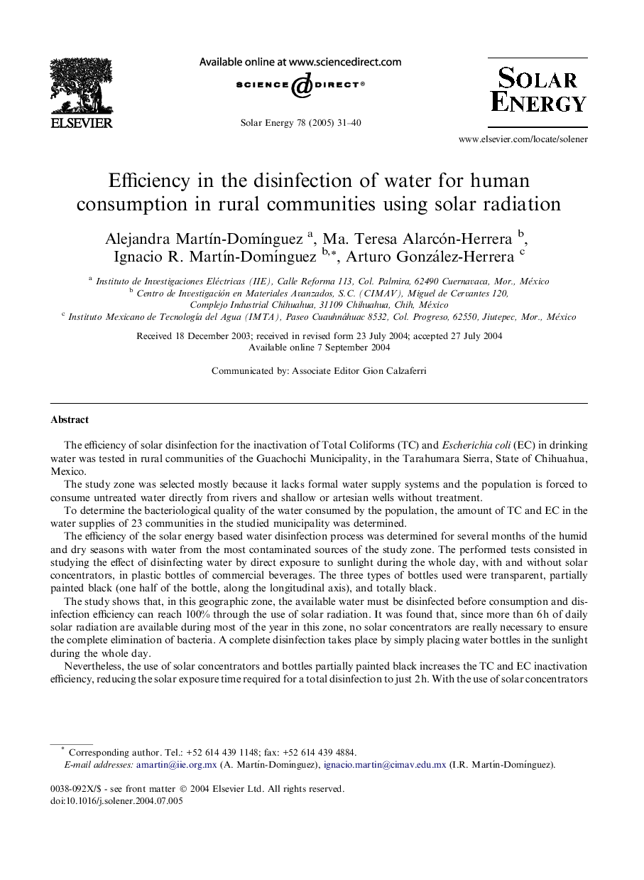 Efficiency in the disinfection of water for human consumption in rural communities using solar radiation