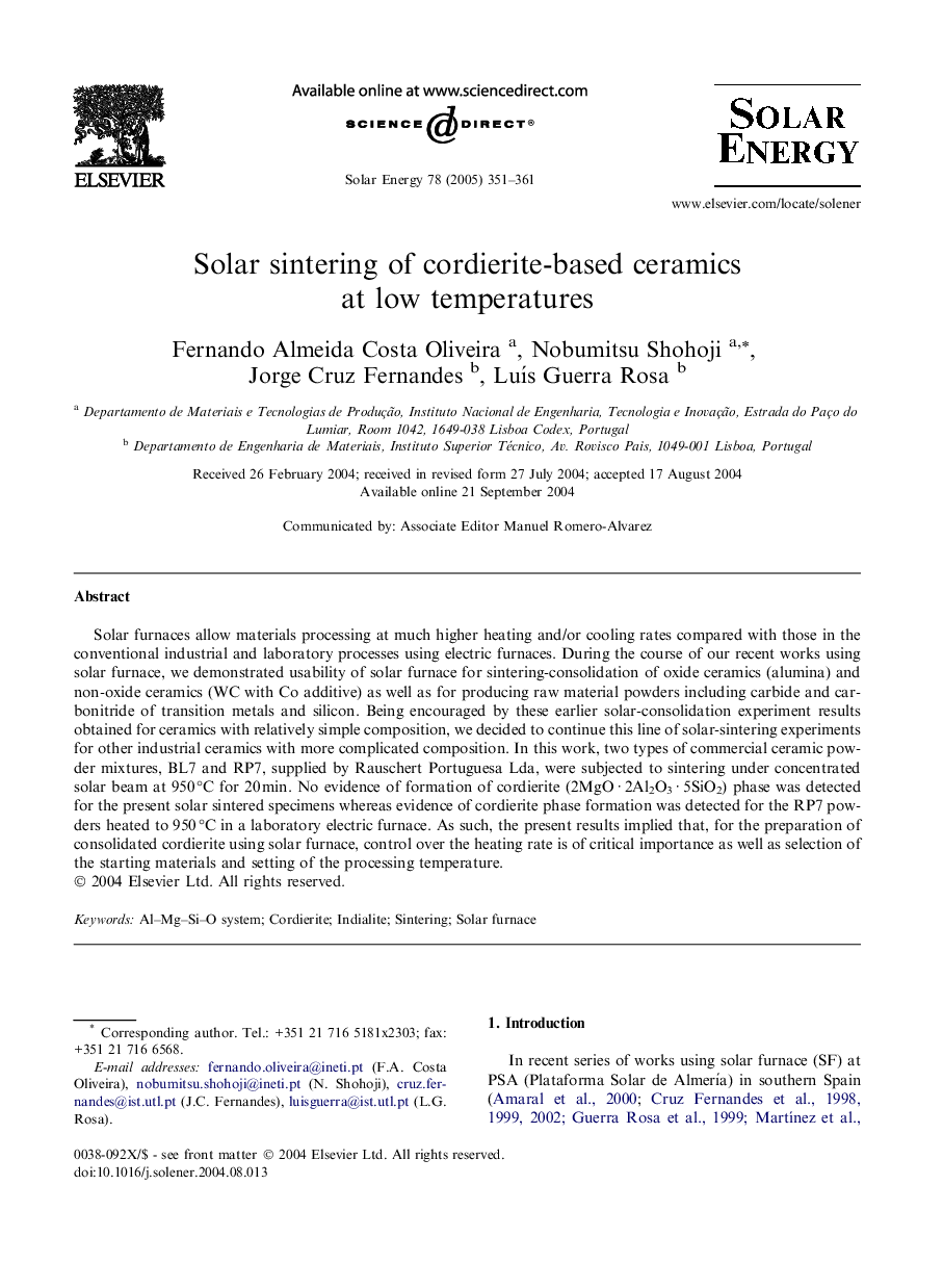 Solar sintering of cordierite-based ceramics at low temperatures