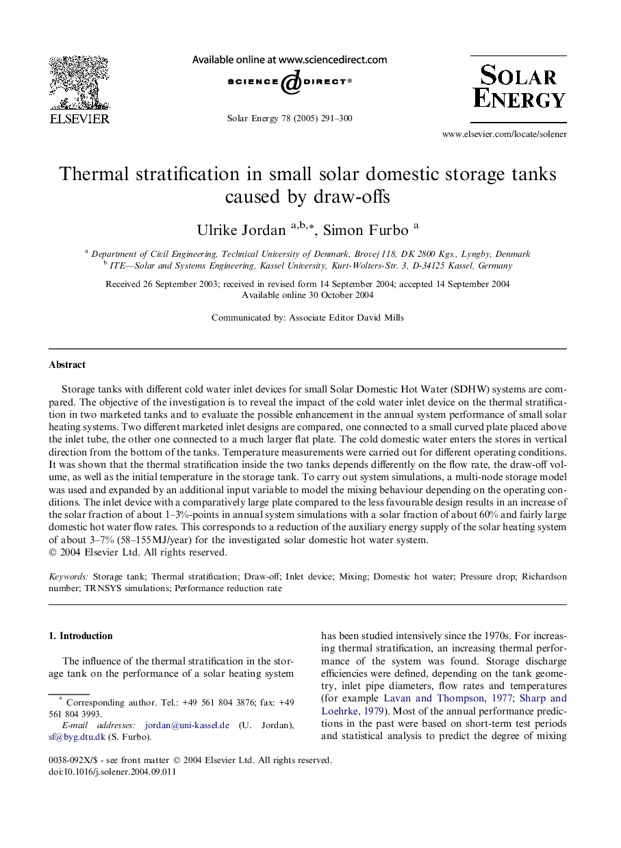 Thermal stratification in small solar domestic storage tanks caused by draw-offs