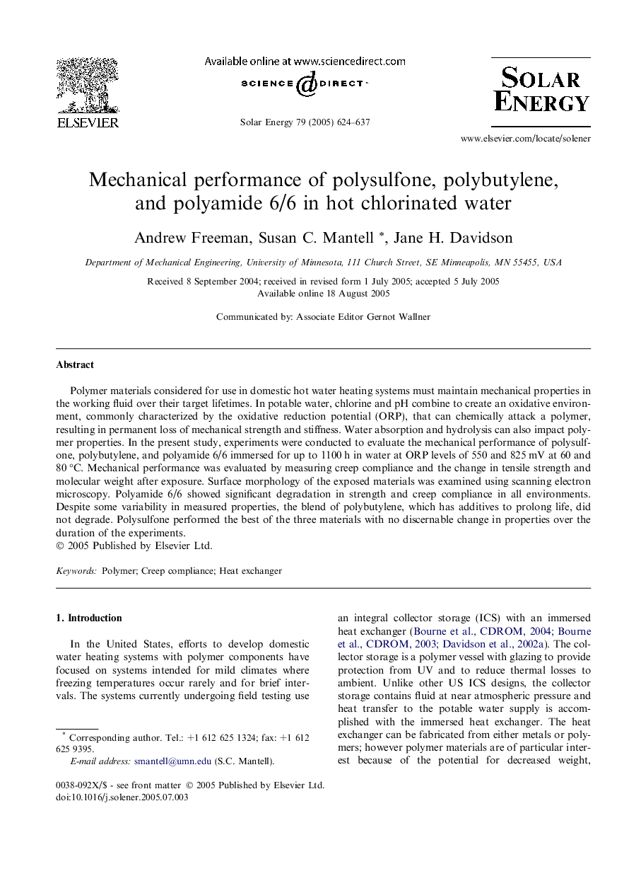 Mechanical performance of polysulfone, polybutylene, and polyamide 6/6 in hot chlorinated water