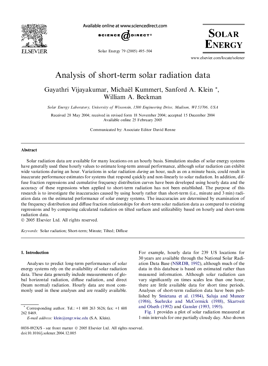 Analysis of short-term solar radiation data