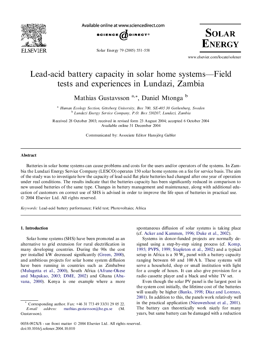 Lead-acid battery capacity in solar home systems-Field tests and experiences in Lundazi, Zambia