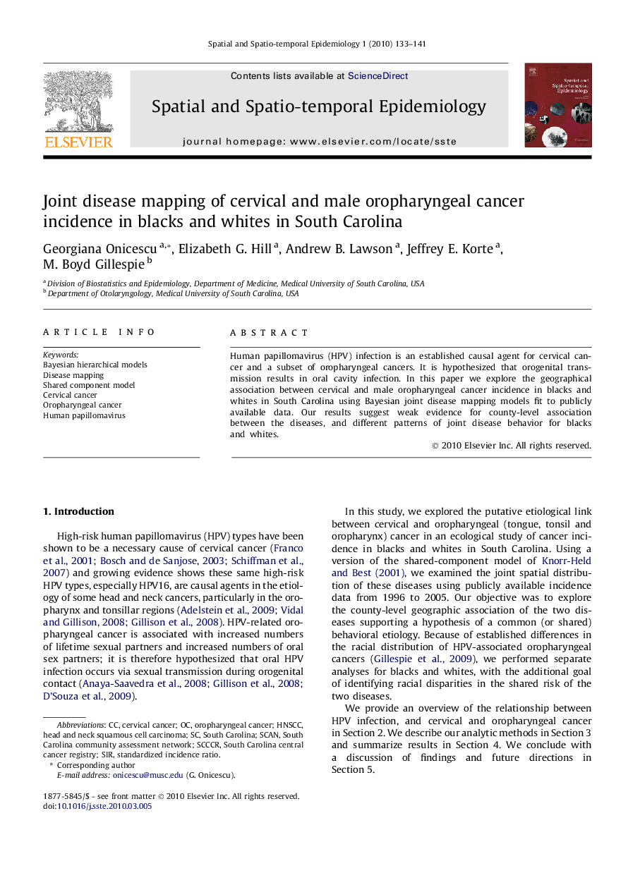 Joint disease mapping of cervical and male oropharyngeal cancer incidence in blacks and whites in South Carolina