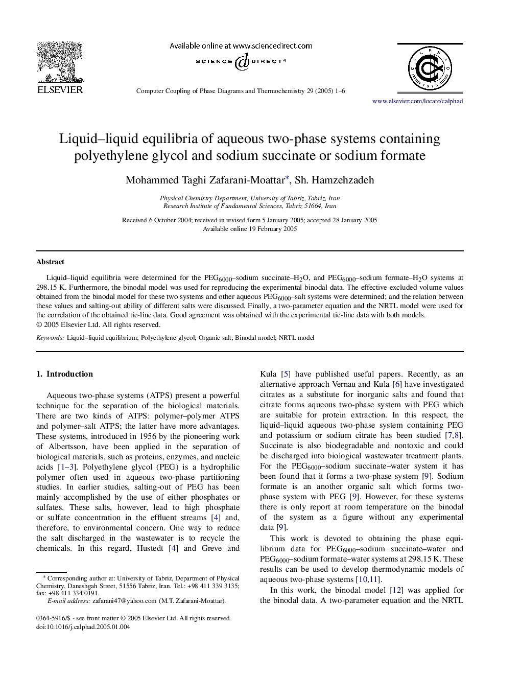 Liquid-liquid equilibria of aqueous two-phase systems containing polyethylene glycol and sodium succinate or sodium formate